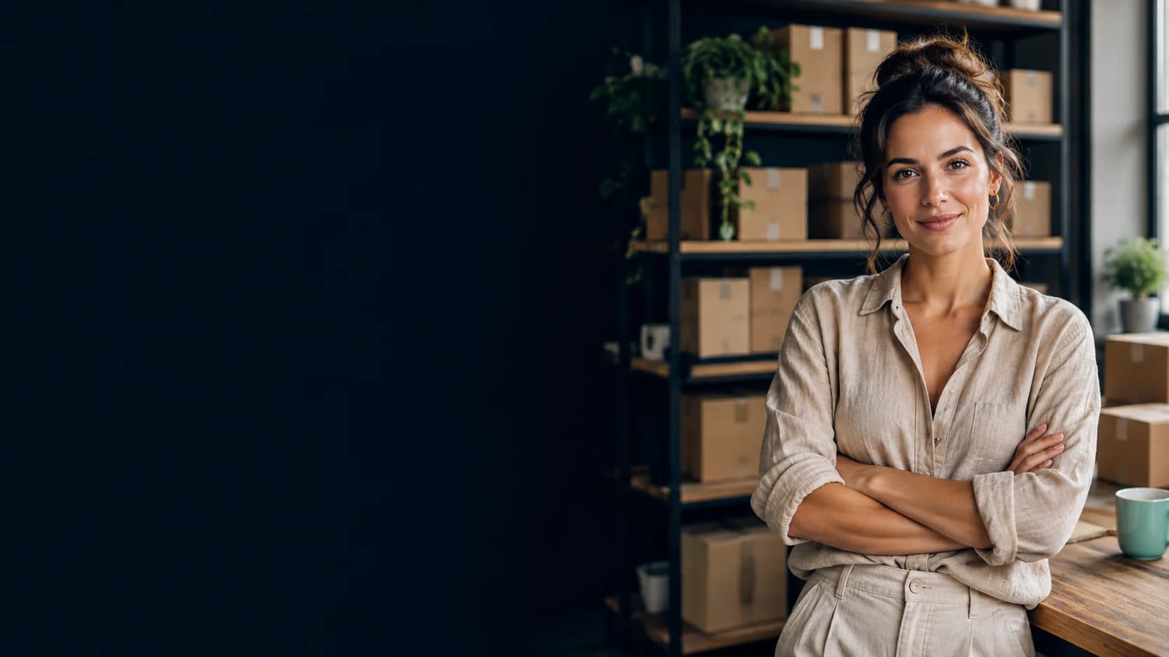 E-ticaret markası sahibi, stüdyosunda kargo kutularının önünde